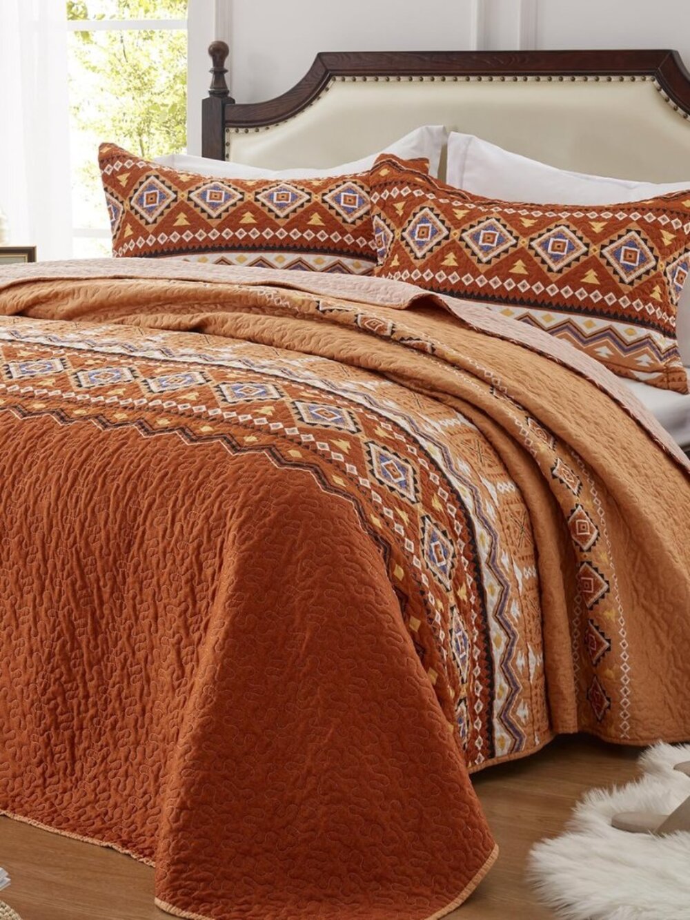 3 Pieces Quilt Set King Size Bedspread Burnt Orange/Rust Coverlet Lightweight